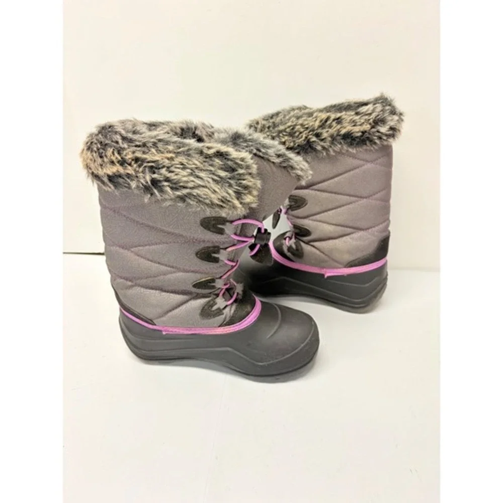 Kamik Winter Boots Kids Size 2 Gray Purple Faux Fur Trim Waterproof Quilted